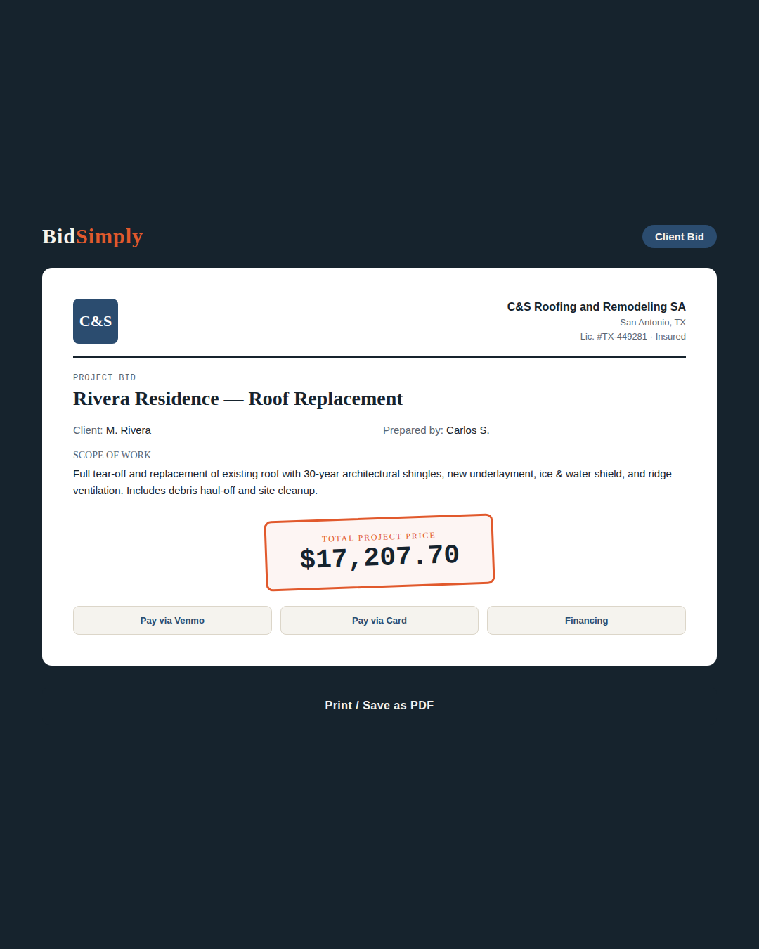 BidSimply branded client bid screen